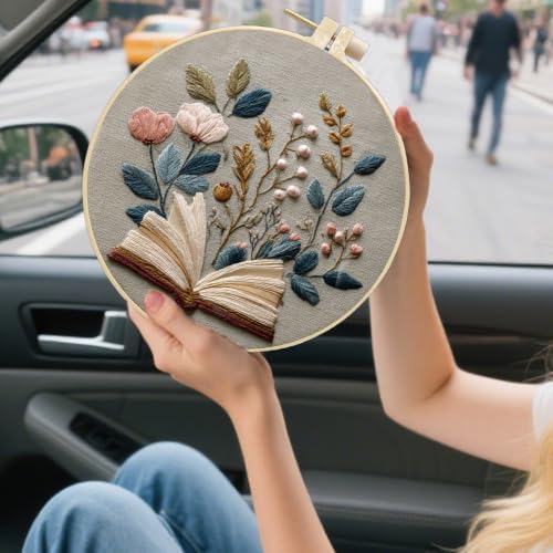FONNUY Embroidery Kit for Beginners, Flower Book Pre-Stamped Pattern Kits for Adults with Hoop, Cross Stitch Easy to Follow Color Thread Needlework, 8'' Hoop (Brown) - Image 3