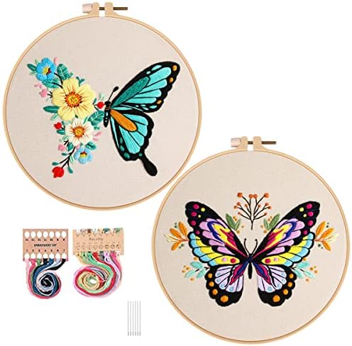 Konrisa Embroidery Kits with Butterfly Flower Pattern, Stamped Embroidery Starter Kit for Beginners Adults Needlepoint Kits Include Embroidery Fabric Embroidery Hoop Threads and Needles,Set of 2 by Konrisa
