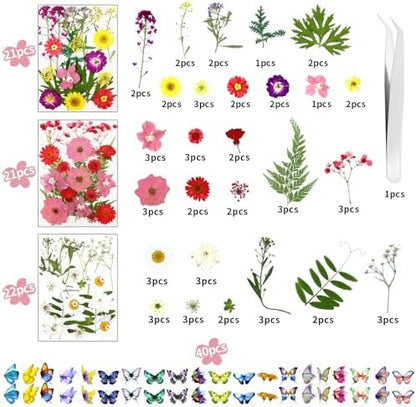 190 Pcs Dried Pressed Flowers for Resin, Real Dried Pressed Flowers for Resin Butterfly Stickers DIY Art with Tweezers Crafts Decorate for Candles Jewelry Nail Crafts - Image 3