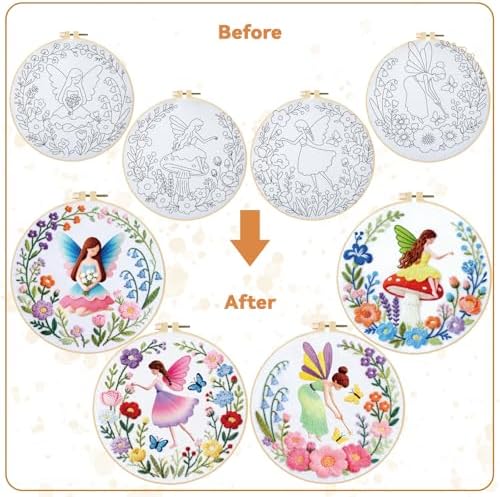 BEUNITONE 4 Set Fairy Patterns Embroidery Kit for Beginners 7.9"x7.9" DIY Complete Needlepoint Kits for Adults, Cross Stitch Starter Kit with Hoops and Instructions, Handmade Gifts for Home Decor - Image 4