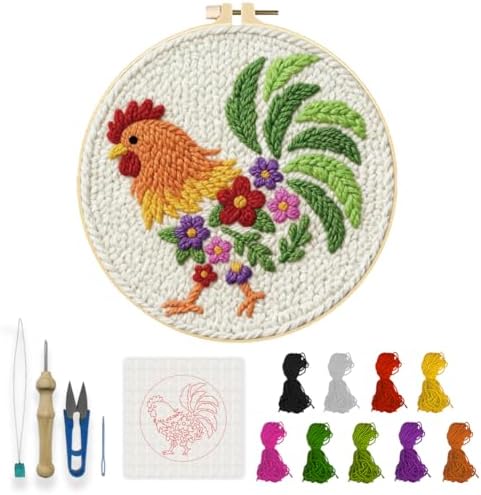 INFUNLY Rooster Punch Needle Embroidery Kits for Beginners Adults Flower DIY Punch Needle Starter Kits Animal Needles Stitching Kit with Instruction Tools Yarns for Art Crafts Festival Gift Home Decor by INFUNLY
