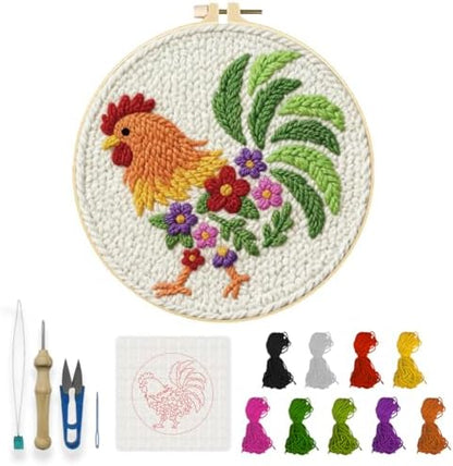 INFUNLY Rooster Punch Needle Embroidery Kits for Beginners Adults Flower DIY Punch Needle Starter Kits Animal Needles Stitching Kit with Instruction Tools Yarns for Art Crafts Festival Gift Home Decor by INFUNLY