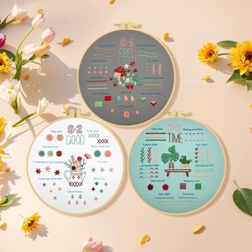 Ponpon 3 Sets Embroidery Kit for Beginners, Embroidery Kit for Adults with Follow Instruction, Cross Stitch Kits with Wooden Embroidery Hoops (Stlye C) - Image 5