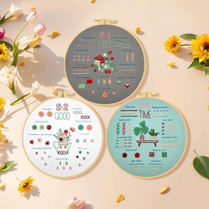 Ponpon 3 Sets Embroidery Kit for Beginners, Embroidery Kit for Adults with Follow Instruction, Cross Stitch Kits with Wooden Embroidery Hoops (Stlye C) - Image 5