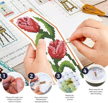 FREEBLOSS 6 Set Cross Stitch Bookmark Kits 11CT 8"x2.4" 6 Flowers Design - Image 4