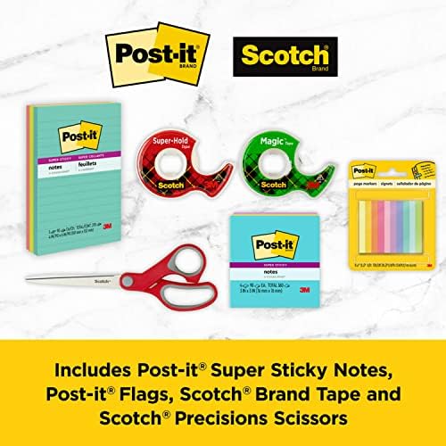 Scotch Post-it Brand Essentials Pack, Back to School and Office Supplies, Includes Super Sticky Notes, Flags, Magic & Super Hold Tape & Multi-Purpose Scissors (Pack of 4) - Image 2