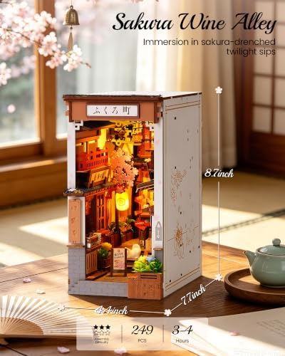 Rolife 3-4 hrs Beginner Friendly Book Nook, Sakura Wine Alley with Infinity Mirror Depth, 3D Wooden Puzzle Bookshelf Insert, LED Miniature Dollhouse Kit, Japanese Decor Gift for Adults - Image 2