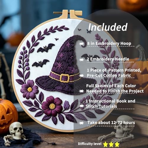 FONNUY Halloween Embroidery Kits for Beginners,Skull Pumpkin Spider Web Floral Stamped Cross Stitch Kit for Adults, Spooky Season Boho Wall Decor, 8'' Hoop (Witch Hat) - Image 2