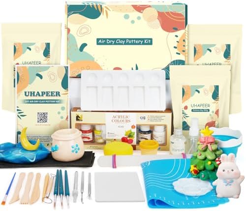 UHAPEER Air Dry Clay Kit for Adults, Pottery Set for Beginners with Clay, Sculpting Tools, Varnish, Pottery Paint, Step-by-Step Guide & Video, Gift for Arts Crafts Lover by UHAPEER