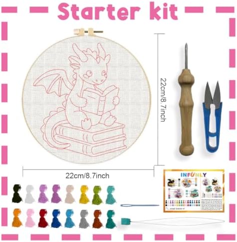 INFUNLY 4 Set Dragon Books Punch Needle Kit for Beginners Cute Wing Dragons Punch Needle Embroidery Starter Kit 8.7×8.7Inch DIY Needlepoint Set with Instruction for Festival Gift Home Decor - Image 2