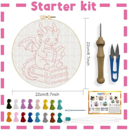 INFUNLY 4 Set Dragon Books Punch Needle Kit for Beginners Cute Wing Dragons Punch Needle Embroidery Starter Kit 8.7×8.7Inch DIY Needlepoint Set with Instruction for Festival Gift Home Decor - Image 2