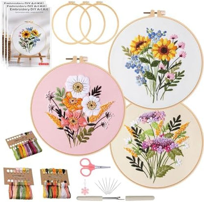Ohcol 3 Sets Embroidery Kit for Beginners Cross Stitch Kits Needlepoint Kits Crafts for Adults with 3 Embroidery Hoops Easy-to-Follow Operating Instructions,Needle Point Kits with Flowers Patterns by Ohcol