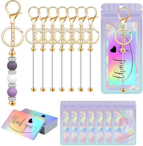 42/84/126 Pcs Beadable Keychain Bars Bulk Blank DIY Beaded Keychain Making Supplies with Bag Thank You Card by Unknown