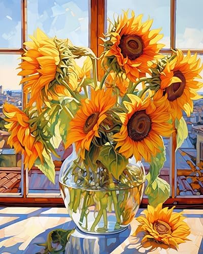Tucocoo Sunflowers DIY Paint by Numbers for Adults Flowers in Glass Vase DIY Oil Painting Acrylic Paint Art Painting Kits Canvas with Acrylic Paint Floral Art 16x20 Inch （DIY Frame ） - Image 2