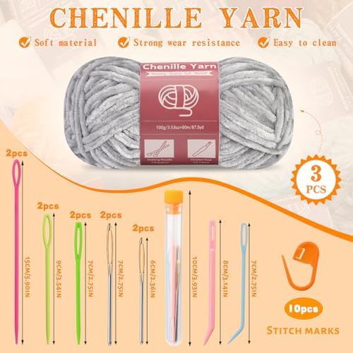 LUNARM Chenille Yarn 3 Pack 3.5oz Chunky Blanket Velvet Yarn 263 Yard - Image 2