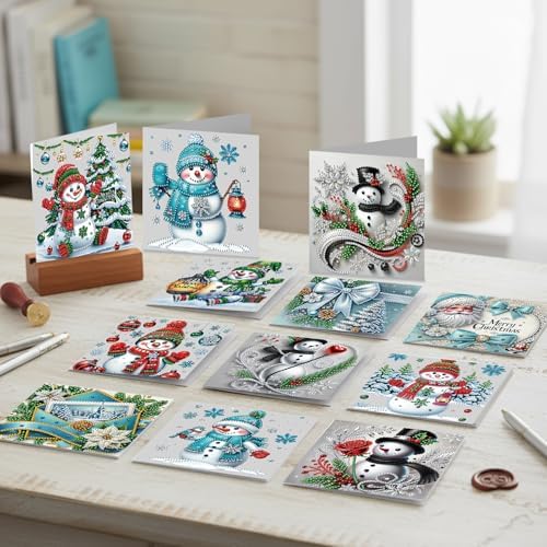 12Pack Flower Diamond Painting Greeting Card Kits DIY 5D Diamond Art with Envelopes & Rhinestones,Christmas Creative Birthday Gifts for Adults, Family, Friends (Snowman) - Image 5