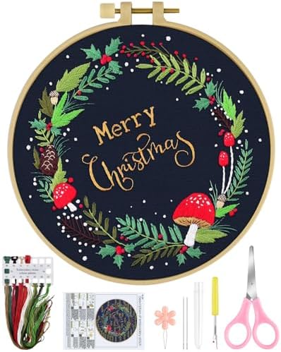 ERKOON Christmas Embroidery Kit for Beginners, Cross Stitch Set for Include Embroidery Cloth Hoops Threads for Craft Lover Hand Stitch with Embroidery Skill Techniques (Christmas Wreaths) by ERKOON