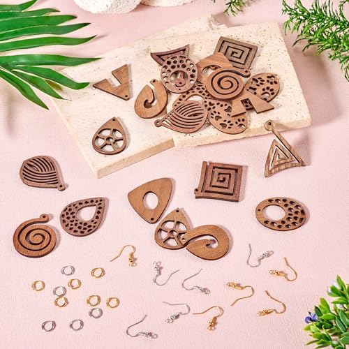 11 Pairs Wooden Dangle Earring Set Wooden Dangle Charms Teardrop Oval Rhombus Triangle Wood Earring Blanks with Hooks Unfinished Wood Pendants for Bohemian Jewelry - Image 7