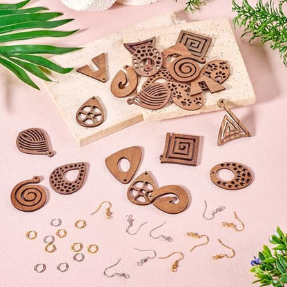 11 Pairs Wooden Dangle Earring Set Wooden Dangle Charms Teardrop Oval Rhombus Triangle Wood Earring Blanks with Hooks Unfinished Wood Pendants for Bohemian Jewelry - Image 7
