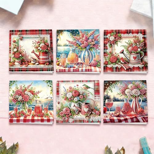 6pcs Lakeside Rose Flowers Vase Diamond Art Painting Greeting Cards Kit with Envelopes, 5D DIY Special Shaped Card Making Kits for Adults, Holiday Birthday Postcards Craft Gifts - Image 4