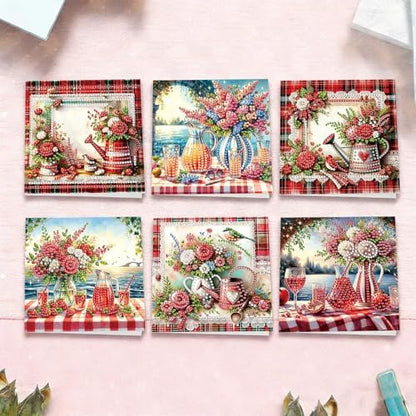 6pcs Lakeside Rose Flowers Vase Diamond Art Painting Greeting Cards Kit with Envelopes, 5D DIY Special Shaped Card Making Kits for Adults, Holiday Birthday Postcards Craft Gifts - Image 4