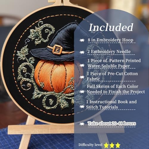 FONNUY Pumpkin Embroidery Kit for Beginners, Pre-Stamped Pattern Kits for Adults with Hoop, Easy to Follow Color Thread Needlework, 8'' Hoop (Witch Hat 4) - Image 2