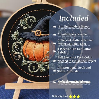 FONNUY Pumpkin Embroidery Kit for Beginners, Pre-Stamped Pattern Kits for Adults with Hoop, Easy to Follow Color Thread Needlework, 8'' Hoop (Witch Hat 4) - Image 2