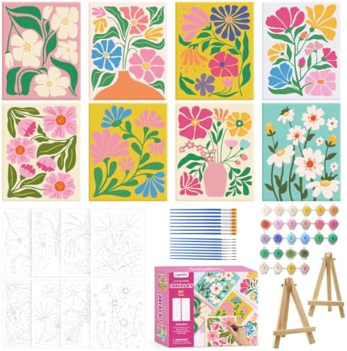 Goldentime 8 Pack Paint by Numbers Kit for Adults and Kids Beginners | 8x10 Inch Flower Canvas Painting Kit with 16 Brushes, 26 Acrylic Paints & Wooden Supports | Predrawn Canvas for Home Decor Gifts by Goldentime