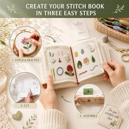 Cikeela Embroidery Stitch Book Beginner with Fabric Pages, 31 Essential Stitches in Structured Learning Order for Adults, DIY Sewing Kit with Floral Motifs, Practice Patterns EmbroideryStitch Book Kit - Image 6