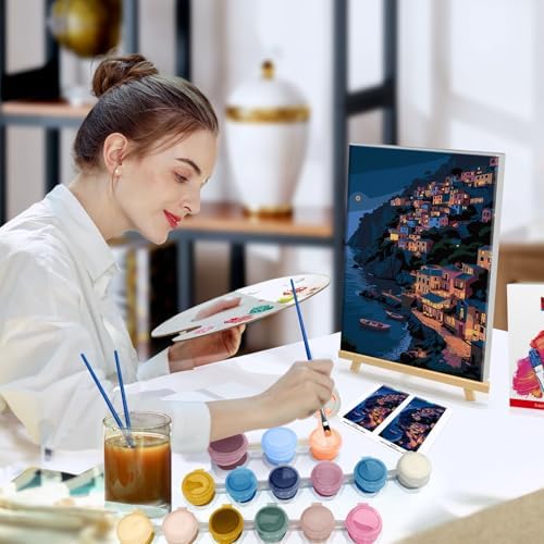 HeeBenor Framed Paint by Numbers Kit for Adults, Seaside Town, 8x12 Inch - Image 5