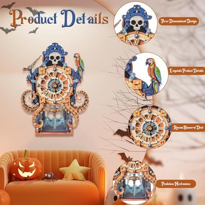3D Puzzles for Adults Wooden Octopus Pirate Clock Kit with Pendulum - Image 4