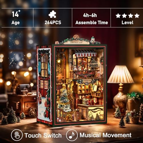 Christmas Shop Book Nook Kit DIY Miniature House Kit with LED Lights & Rotating Music - 3D Wooden Puzzles for Adults, Festive Bookshelf Decor Ideal Gift for Family & Friends - Image 2