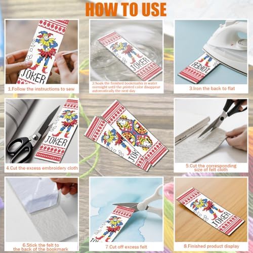 FREEBLOSS 6 Set Cross Stitch Bookmarks Kit Poker Stamped Cross Stitch Kit DIY Embroidery Bookmark Set with Instruction for Adults Beginners Gift for Reading Enthusiasts 8 * 2.4inch 11CT - Image 5