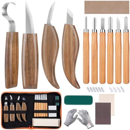 15Pcs Wood Carving Knife Set Walnut Wood Whittling Kit with Detail Wood Knife, Hook Knife for Beginners Wood Carving Tools with Zipper Bag for Kids Adults Woodworking DIY by Farady
