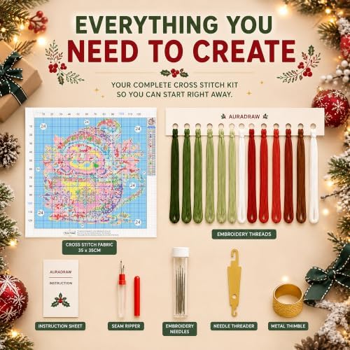 AuraDraw Christmas Stamped Cross Stitch Kits for Beginners Adults, Penguin Patterns Dimensions Needlepoint Art Crafts, Embroidery Kits for Beginners Adults for Home Decor 14x14inch - Image 3