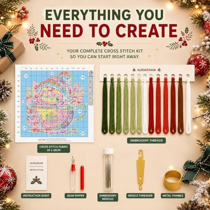 AuraDraw Christmas Stamped Cross Stitch Kits for Beginners Adults, Penguin Patterns Dimensions Needlepoint Art Crafts, Embroidery Kits for Beginners Adults for Home Decor 14x14inch - Image 3