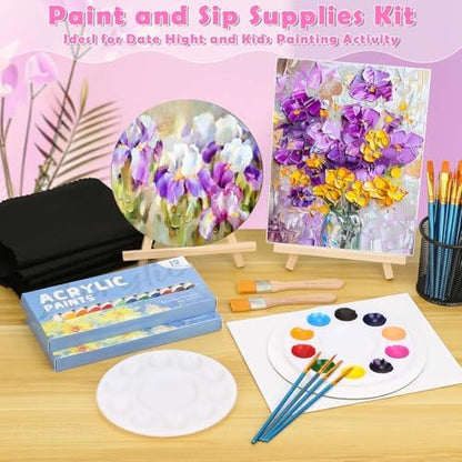Date Night Painting Kit, 62 Pcs Detail Paint Brushes Canvas Panels with Wood Easel 12 Colors Acrylic Paint, Circular Canvas Art Aprons Sip and Paint Supplies for Adults and Beginner - Image 2