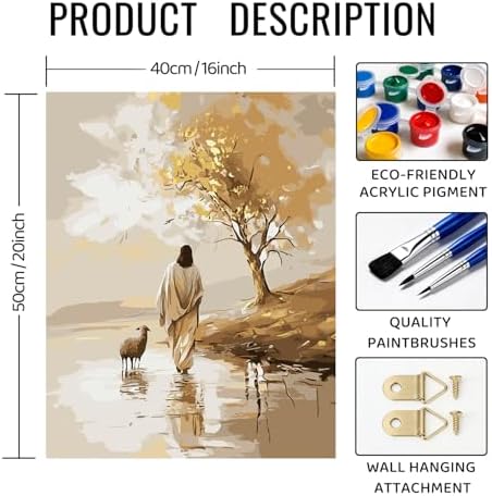 bitCNY Paint by Numbers for Adults, Jesus and Sheep DIY Acrylic Painting Kit, Christian Paint by Number Canvas Art with Golden Tree, Religious Home Wall Decor, 16x20 Inch - Image 2