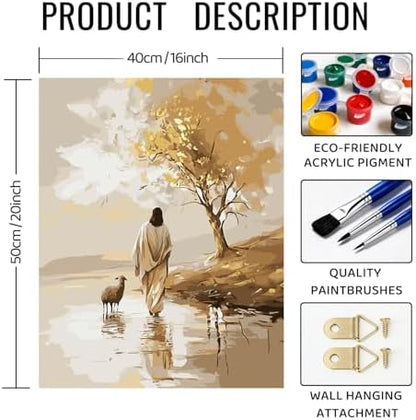bitCNY Paint by Numbers for Adults, Jesus and Sheep DIY Acrylic Painting Kit, Christian Paint by Number Canvas Art with Golden Tree, Religious Home Wall Decor, 16x20 Inch - Image 2