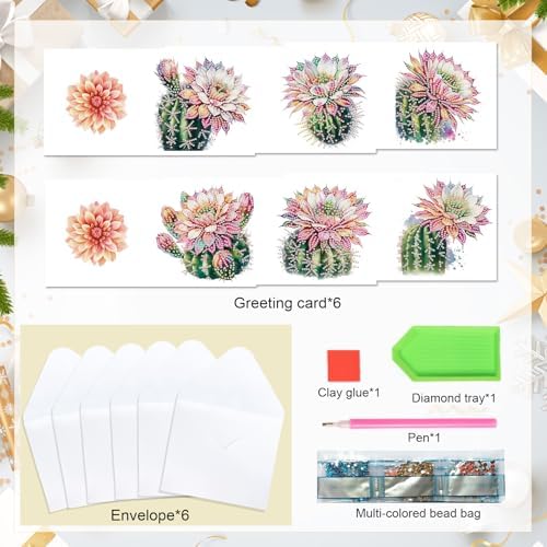 Tontut 6pcs Diamond Art Painting Kit Greeting Card, Cactus Flower 5D DIY Diamond Handmade Holiday Glitter Greeting Card with Envelope, Holiday Gift Congratulation - Image 3