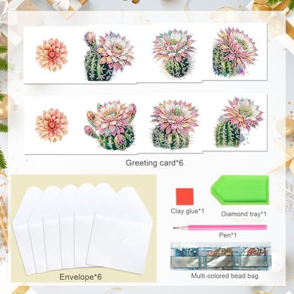 Tontut 6pcs Diamond Art Painting Kit Greeting Card, Cactus Flower 5D DIY Diamond Handmade Holiday Glitter Greeting Card with Envelope, Holiday Gift Congratulation - Image 3