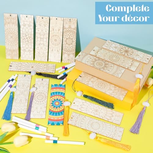 Reallnaive 42 Pcs Wooden Mandala Bookmarks DIY Painting Set Includes 15 Unfinished Blank Bookmarks 15 Tassels 12 Markers, for Mandala Gift Arts Craft Party for Adults Hobby - Image 6