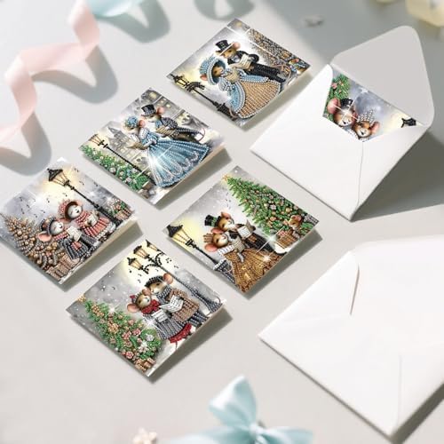 jinglinhh 6pcs Christmas Tree Mouse Couple Diamond Art Painting Greeting Cards with Envelopes, DIY Card Making Kits for Adults, Diamond Art Postcards Christmas Cards Craft Gifts - Image 5