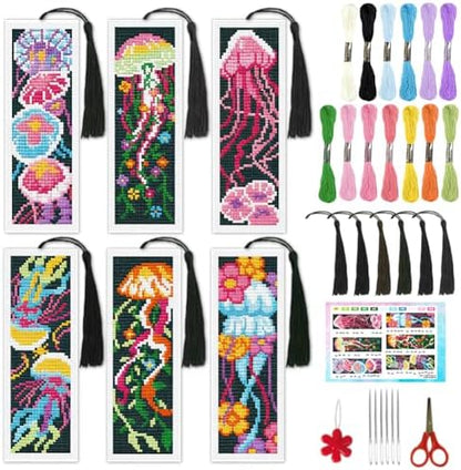 INFUNLY 6PCS Jellyfish Cross Stitch Bookmark Kit for Adults 3''×8.5'' Flowers Stamped Embroidery Bookmark Kits with Fantasy Jellyfish Needlepoint Bookmark Kit with Instruction for Book Lovers Readers by INFUNLY
