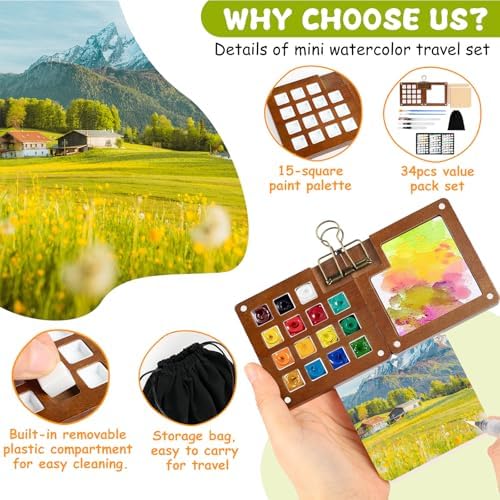 Mini Watercolor Travel Set, 24 Colors Pocket Watercolor Paint Kit with Walnut Wood Palette, 2 Sketchbooks, 5 Brushes & Carry Bag – Portable Art Supplies for Beginners, Artists and Outdoor Sketching - Image 4
