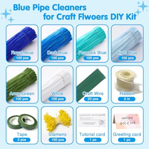 AHAMETON 620Pcs Blue Pipe Cleaners Flower Kit,Chenille Stems Craft - Image 2