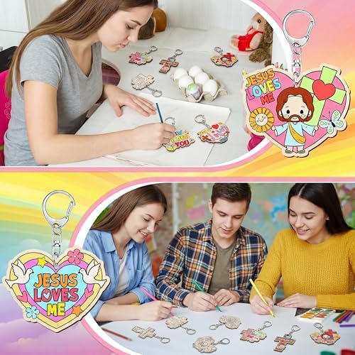 Trnayi 36 Pcs Wood Jesus Loves Me Keychain Color Your Own DIY Craft - Image 4