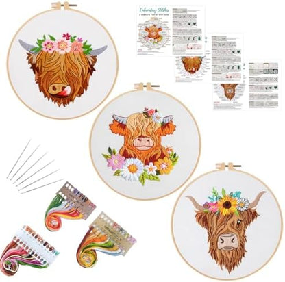 Louise Maelys 3 Pack Highland Cow Embroidery Kit for Beginners Floral Art by LouiseMaelys