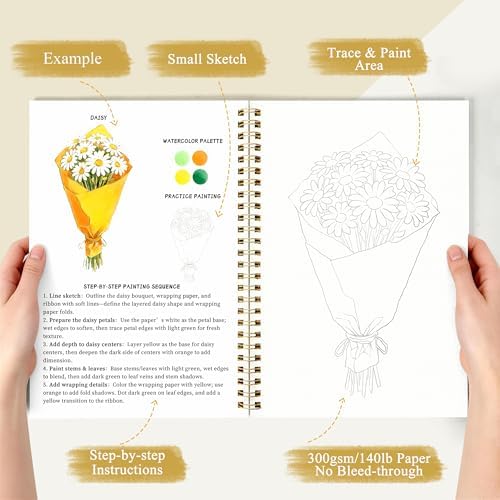 Creazic Watercolor Workbook for Beginners, Floral Water Coloring Book Kit & 16 Watercolor Paint, 300gsm No-Bleed Paper, Easy Step-by-Step Guide, Ideal Gift for Mindfulness & Painting Practice - Image 4
