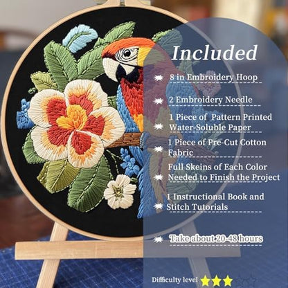 FONNUY Embroidery Kit for Beginners, Birds with Flowers Pre-Stamped Pattern Kits for Adults with Hoop, Easy to Follow Color Thread Needlework, 8'' Hoop (Orange Parrot) - Image 3